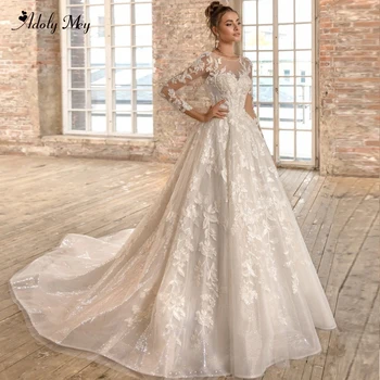 

Adoly Mey New Arrival Luxury Beaded Appliques A-Line Wedding Dresses 2020 Romantic O-Neck Lace Up Long Sleeve Vintage Bride Gown