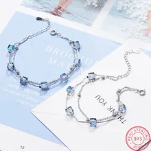 Простой двойной слой квадратные конфеты синтетический кристалл браслет для женщин 925 пробы серебряные ювелирные изделия подарок S-B222