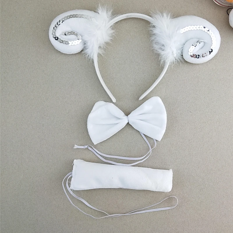 Birthday Party Feather Cartoon Sheep Goat Horn Animal Ear Headband Tie Tail Set Cosplay Props Carnival Halloween Christmas|set for girls|set womenset