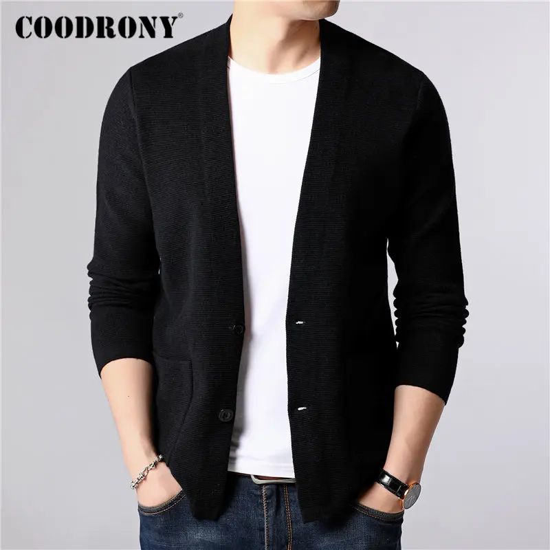 Черный Бренд COODRONY, мужской свитер, уличная мода, свитер, пальто для мужчин с карманами, Осень-зима, теплый кашемировый шерстяной кардиган, мужской 91105 - Цвет: Черный