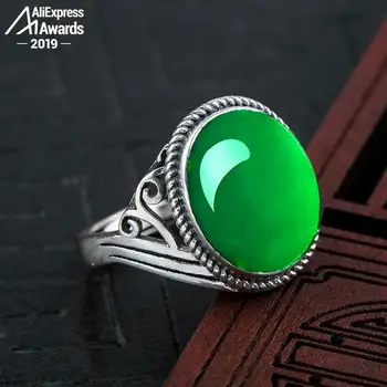 

12*16mm 6.18 Sale S925 Sterling Silver Asia Emerald Rings Jade moldevite Chinatown Colombia Retro Gemstone Jade