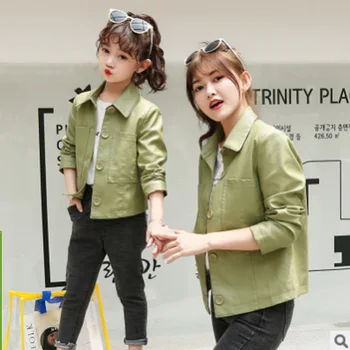 

Children's Turn-Down Collar PU Jacket Coat Spring/Autumn 2020 New Girls Big Pockets Cute Jackets 2 Solid Colors Size4-14 ly186