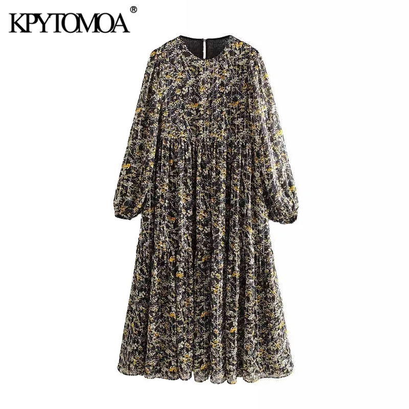

KPYTOMOA Women 2020 Vintage Elegant Floral Print Pleated Midi Dress O Neck Long Sleeve Female Dresses Vestidos Mujer