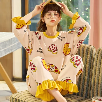 

2020 New Women Pajamas Sets autumn Long Sleeve Cartoon Print Cute Sleepwear Girl Pijamas Mujer Leisure Nightgown Adult