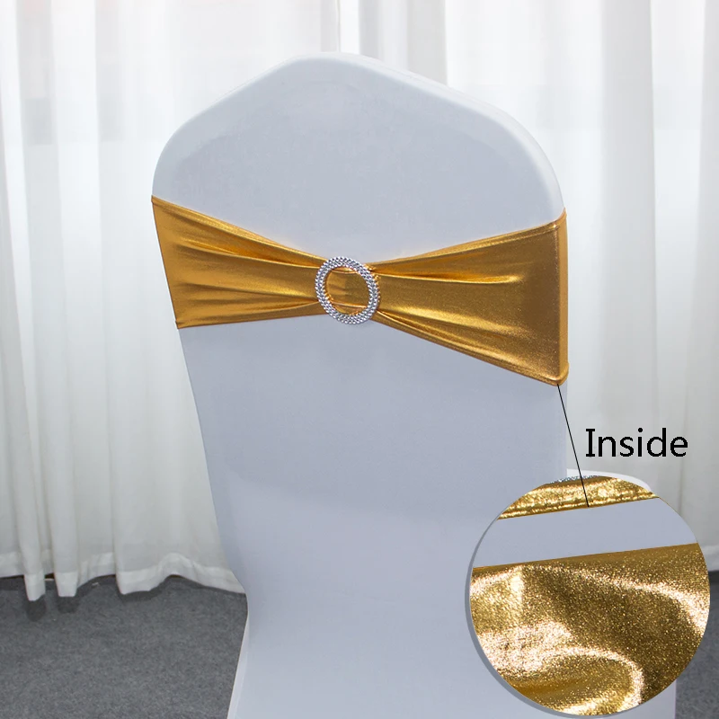50pcs/Lot Metallic Gold silver Chair Sashes Wedding Chair Decoration Spandex Chair Cover Band With Round Buckle for Party Decor