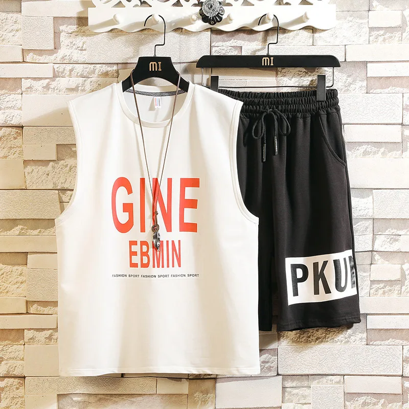 

Summer Korean-style Men Leisure Sports Suit Teenager Printed Versatile Handsome Crew Neck Sleeveless Vest Two-Piece Set