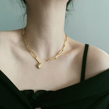 

SRCOI New Stainless Steel Vintage Golden Lock Pin Chain Necklace Old Chain Choker Unique Design Minimalist Women Simple Collar