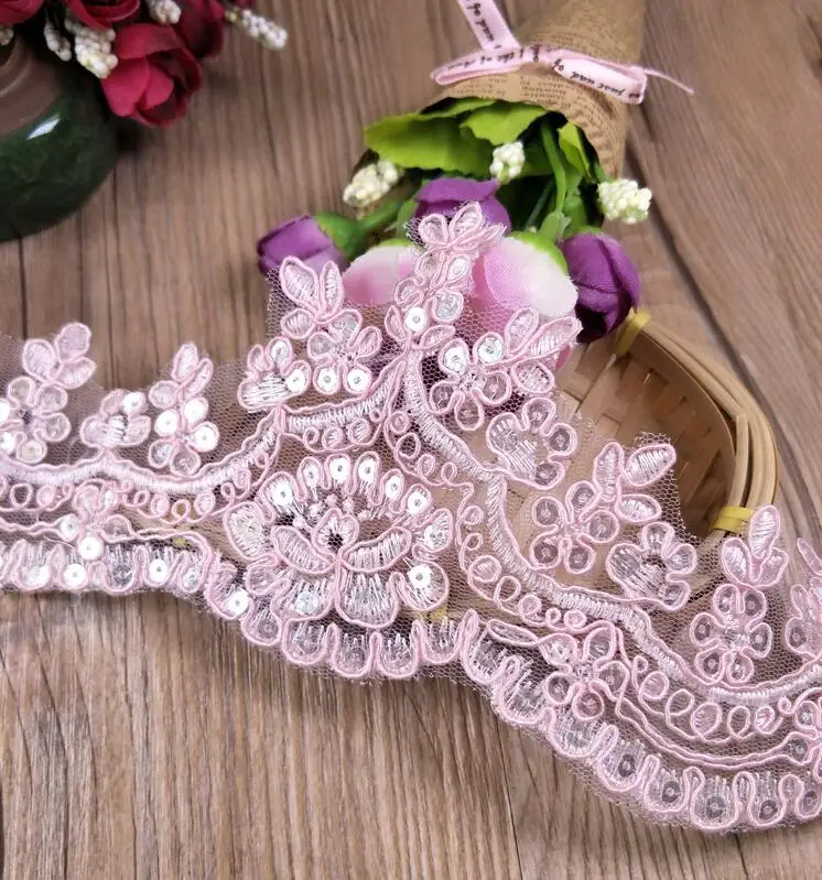 Lace Fabric Lace Sewing Supplies Lace Sewing Accessories Lace Accessories Lace Garment Accessories Lace Decoration 1 Meter Venise Cording Fabric Sequins Pink Flower Venice Mesh Lace Trim Applique
