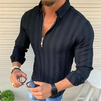 

US Mens Stylish Casual Zipper Shirts Slim Fit Shirt Long Sleeve Muscle Solid Color Sports Tops M-XXL