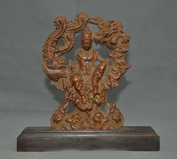 

wedding decoration Old Chinese Boxwood Wood Carved Dragon Phoenix Guanyin Kwan-yin Goddess Statue
