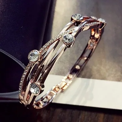 Rose Gold Очаровательный женский круглый хрустальный вечерние браслет, модный браслет с крестиком из розового золота и серебра, элегантные свадебные браслеты для женщин - Окраска металла: Rose Gold