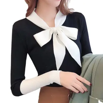 

Womens Knitted Sweater Color Block Sweet Lace Up Bowknot V-Neck Slim Jumper Tops