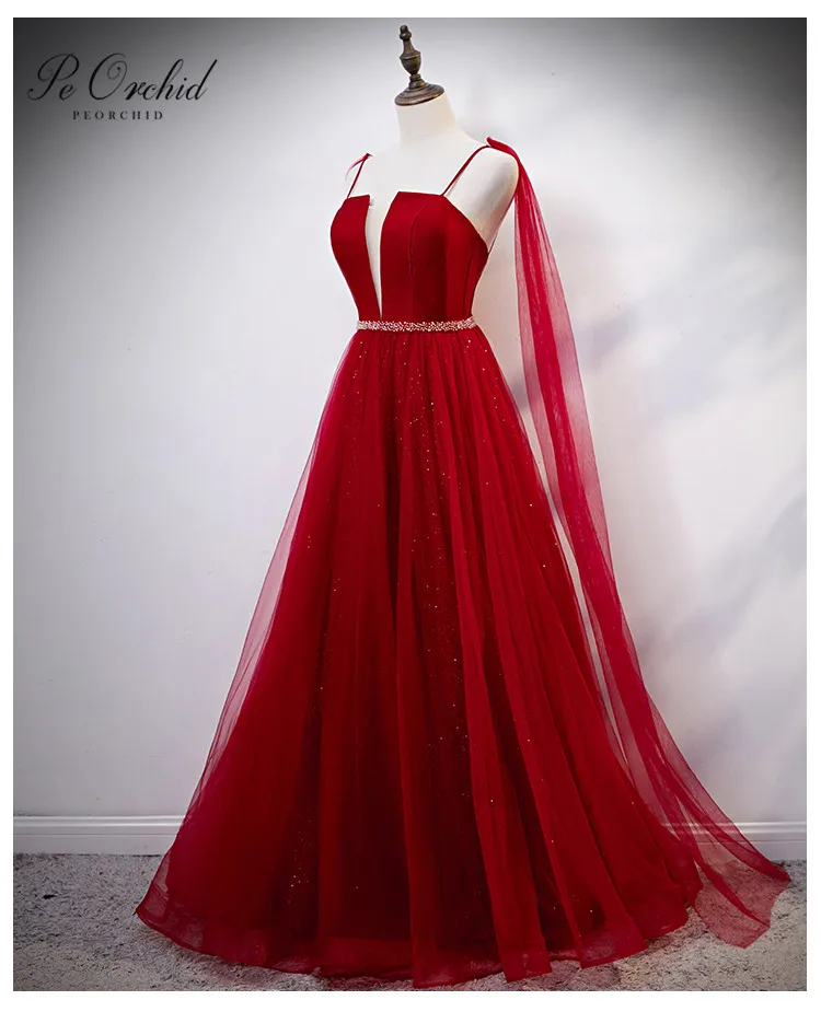 PEORCHID Женские Простые красные платья для выпускного трапециевидные тюлевые платья с открытой спиной для особых случаев Вечерние Платья Vestidos De Fiesta Largos