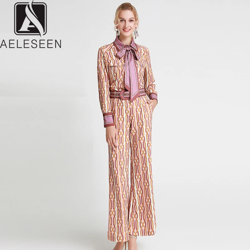 AELESEEN, новинка, офисный Женский комплект-двойка, Женский галстук-бабочка, карманный фонарик, рукав, топ+ длинные расклешенные штаны, винтажный костюм с принтом