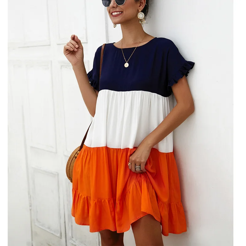 

Women Dress O-neck Short Sleeve Patchwork Dresses High Waist With Ruffles Casual Vintage Office Lady Elegant Summer Dress