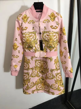 

11.11 High Qualtiy Autumn Women Heavy Industry Diamond and Gemstone Crown Retro Print Short Jacket+vest Dress