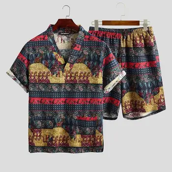 

2020 Summer Men Printed Pajamas Sets Loose Short Sleeve V Neck Tops Leisure Shorts Cotton Sleepwear Kimono Unisex Suits S-5XL