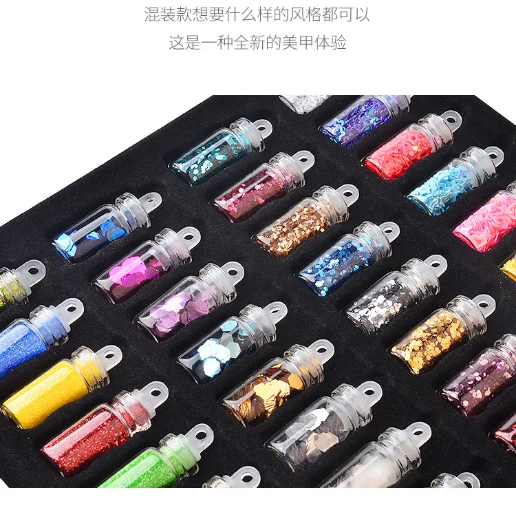 Cross Border for 48 Color Glass Bottle Nail Ornament Shimmering Powder Sequin liu jiao pian Caviar Nail Decorations Set