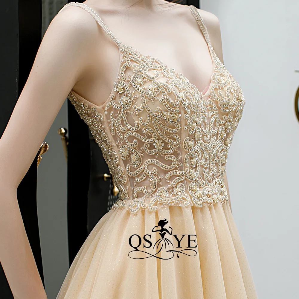 QSYYE New Arrival Long Prom Dresses Tulle spaghetti strap Robe de Soir Beading Floor Length Formal Evening Dress Party Gown