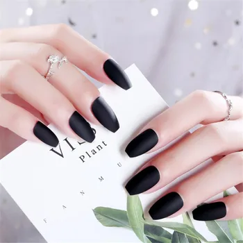 

Black Matte Fake Nails Coffin Short Impress Faux Ongles Court Kiss Plastics Press On Nails For Finger Ballerina Unghie Finte