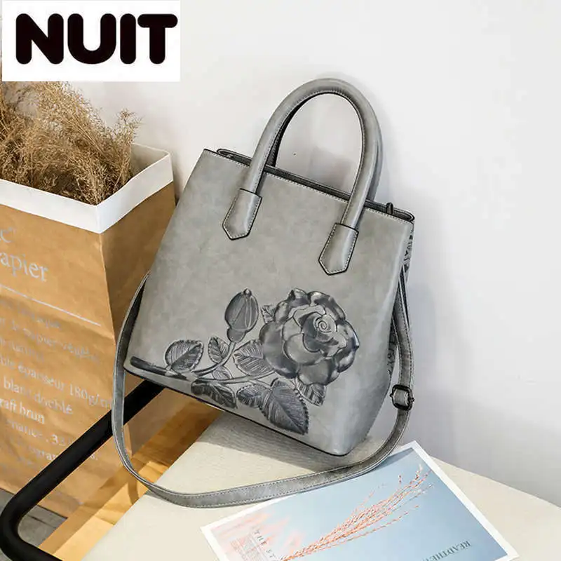 Женская сумка с принтом розы, женская сумка-тоут, кожаная Большая вместительная женская сумка на плечо, роскошные сумки, дизайнерские сумки-мессенджеры - Цвет: Gray