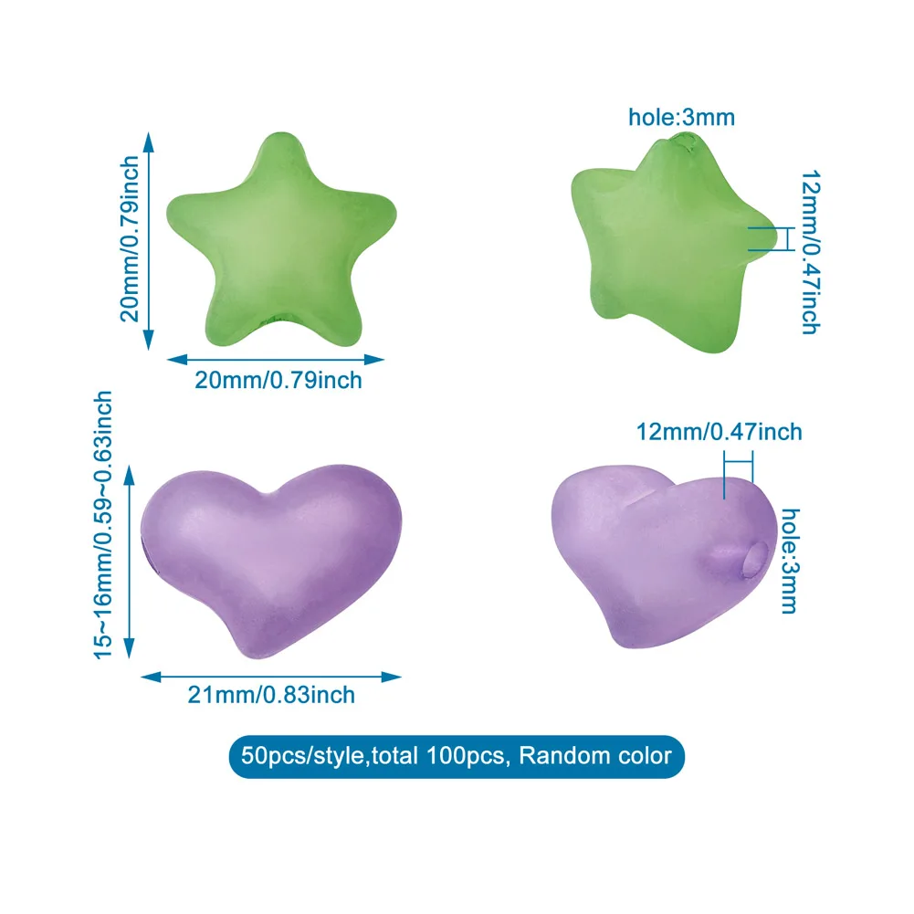 100Pcs Frosted Acrylic Heart Star Shape Beads Mixed Color Loose Spacer Bead Charms For Earring Necklace DIY Jewelry Making