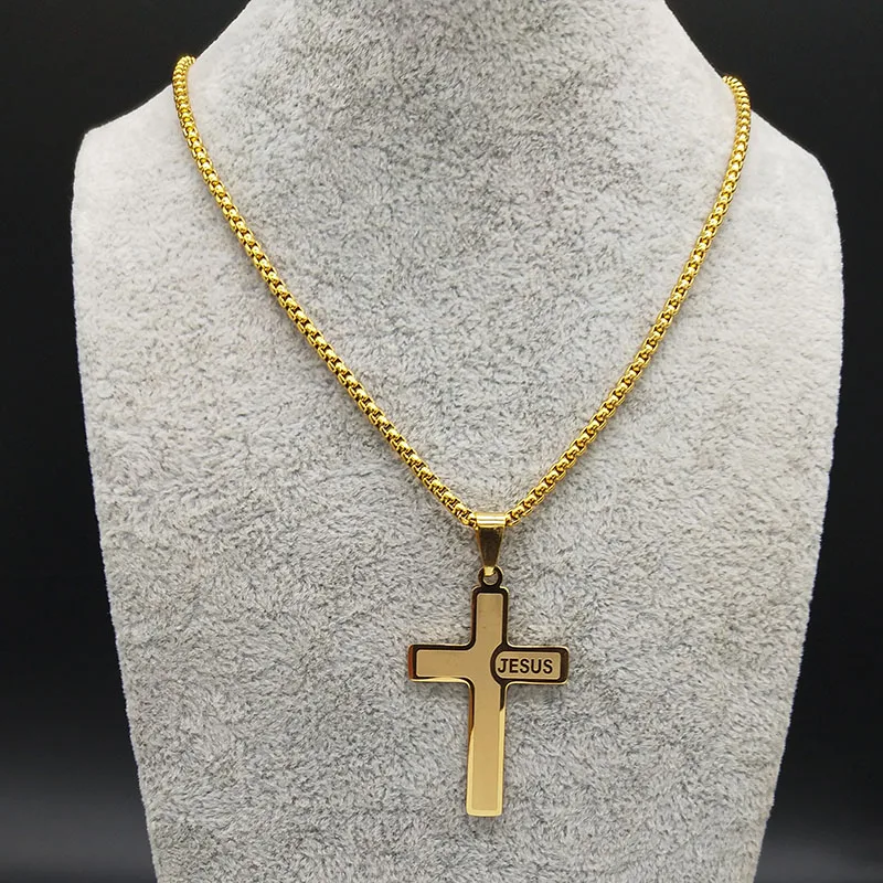 Модное большое длинное ожерелье с крестом из нержавеющей стали s подвески для мужчин серебряное ожерелье ювелирные изделия cadenas para hombre N18933 - Окраска металла: B 60cm BOX GD