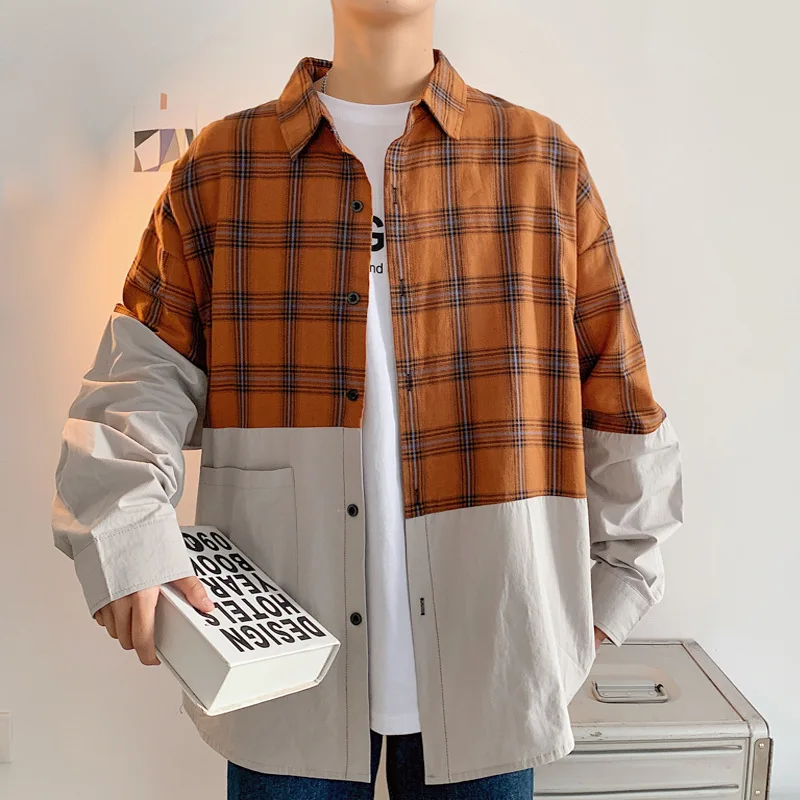 

Men's Long-Sleeved Plaid Shirt Casual Stitching Stand-Up Collar Trend Student Large Size Spring Autumn Male Tops MA063