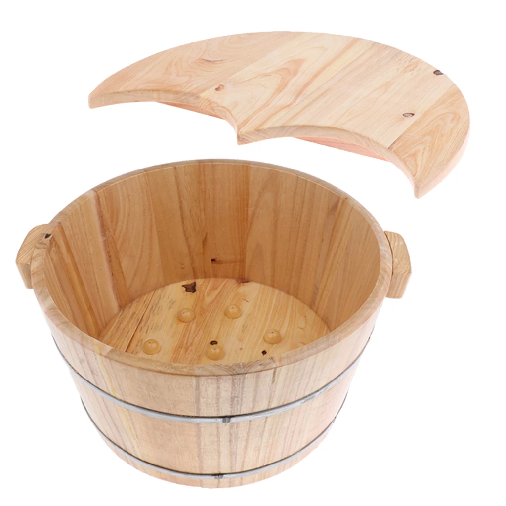 

Wood Foot Bath Barrel Soak Basin with Lid, Deep Round & Natural Wood, Massage Point Bottom