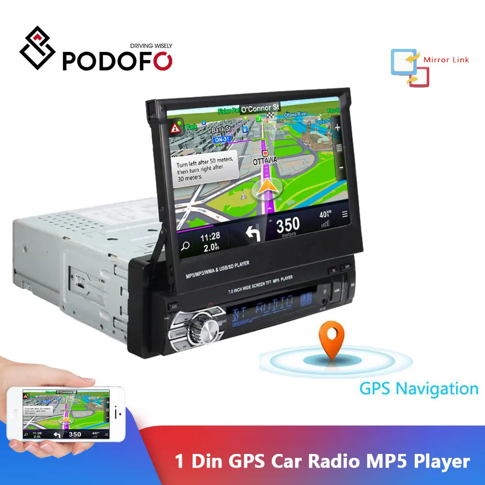 Автомагнитола Podofo 1 Din GPS навигация выдвижной экран 7 дюймов MP5 плеер Bluetooth стерео