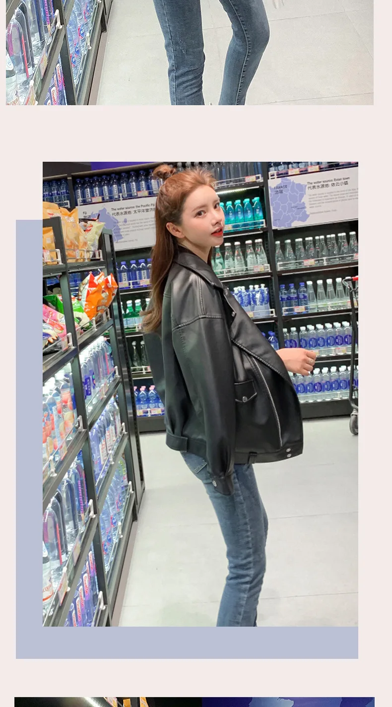 Spring And Autumn New Style Korean-style Short Black Long Sleeves PU Leather Women's Suit Collar Locomotive Short Coat C238