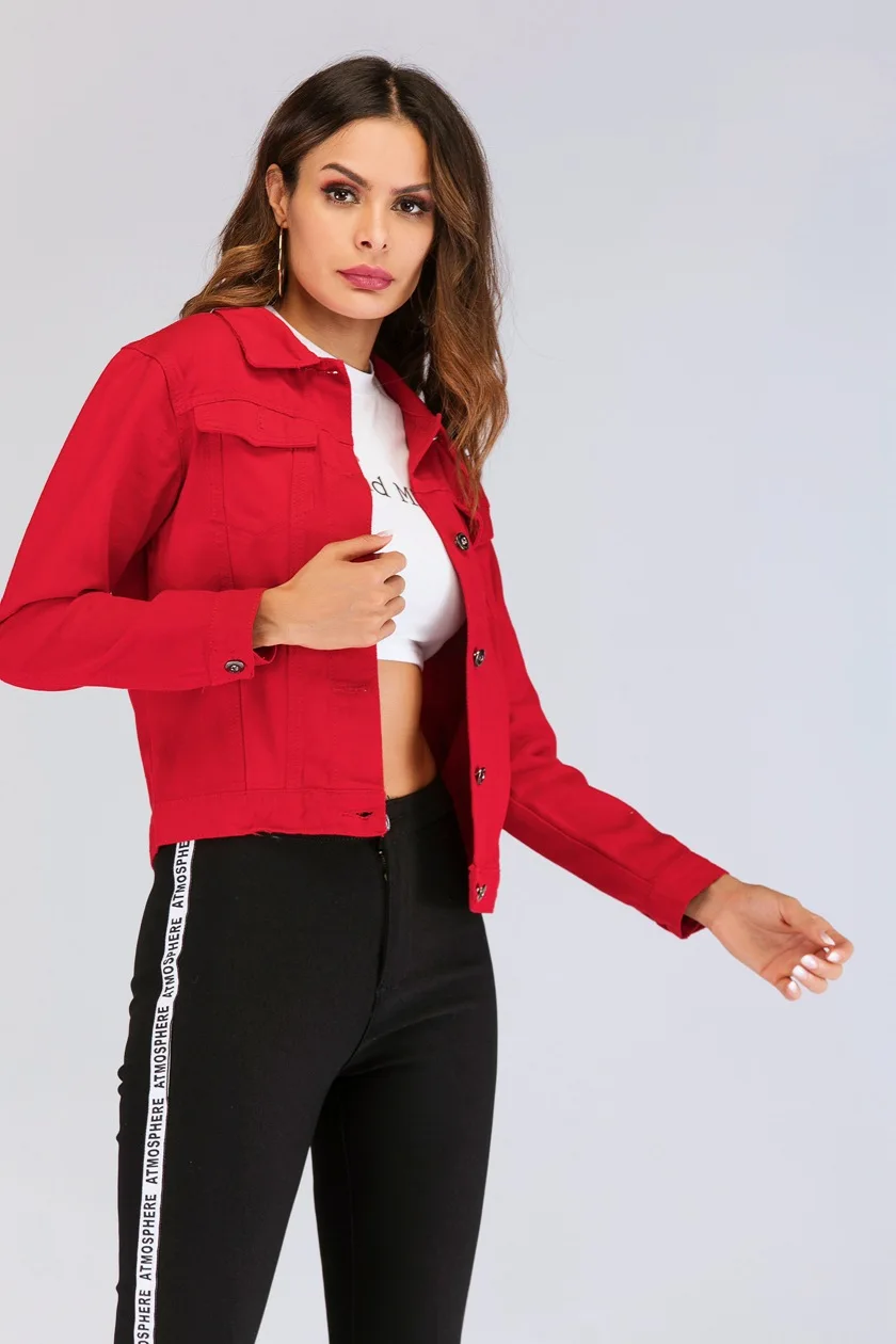 Aisiyi джинсовая куртка для женщин Красная укороченная джинсовая куртка Женский жакет в стиле кэжуал винтажные джинсы, куртка женские свободные куртки с длинными рукавами