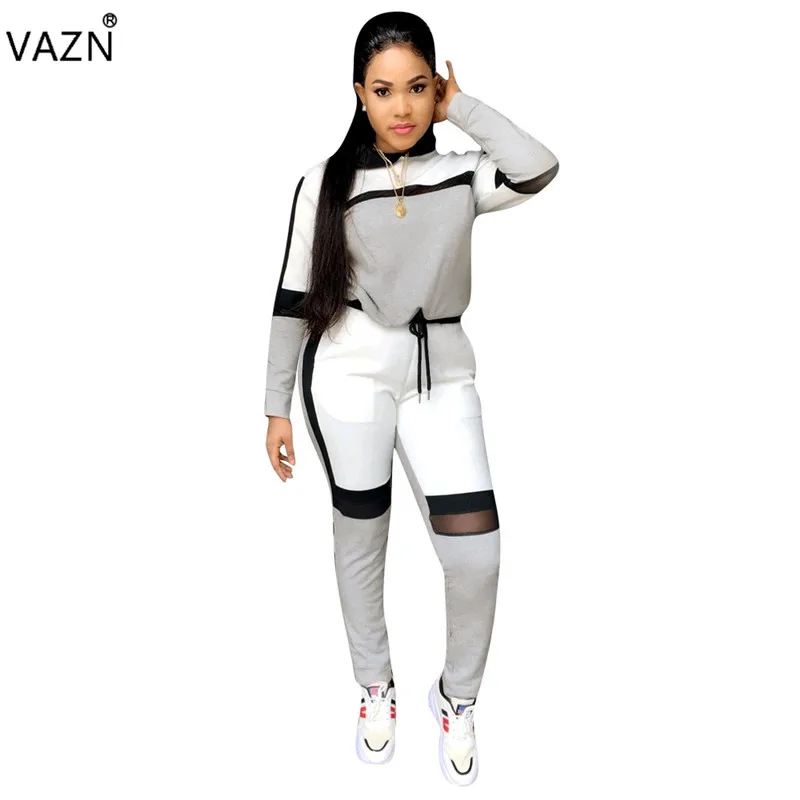 Серый VAZN YZ728 спортивный костюм с длинным рукавом+ длинные штаны летний женский повседневный комплект из 2 предметов Модный облегающий Женский комплект - Цвет: Серый