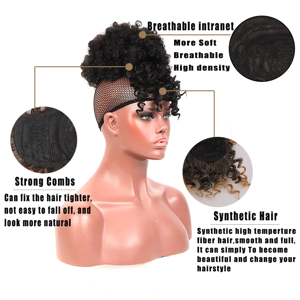 LUPU Synthetic Kinky Curly Afro Hair Ponytail With Drawstring Natural Fake Hair Bun Chignon Bangs Clip In Hair Extension