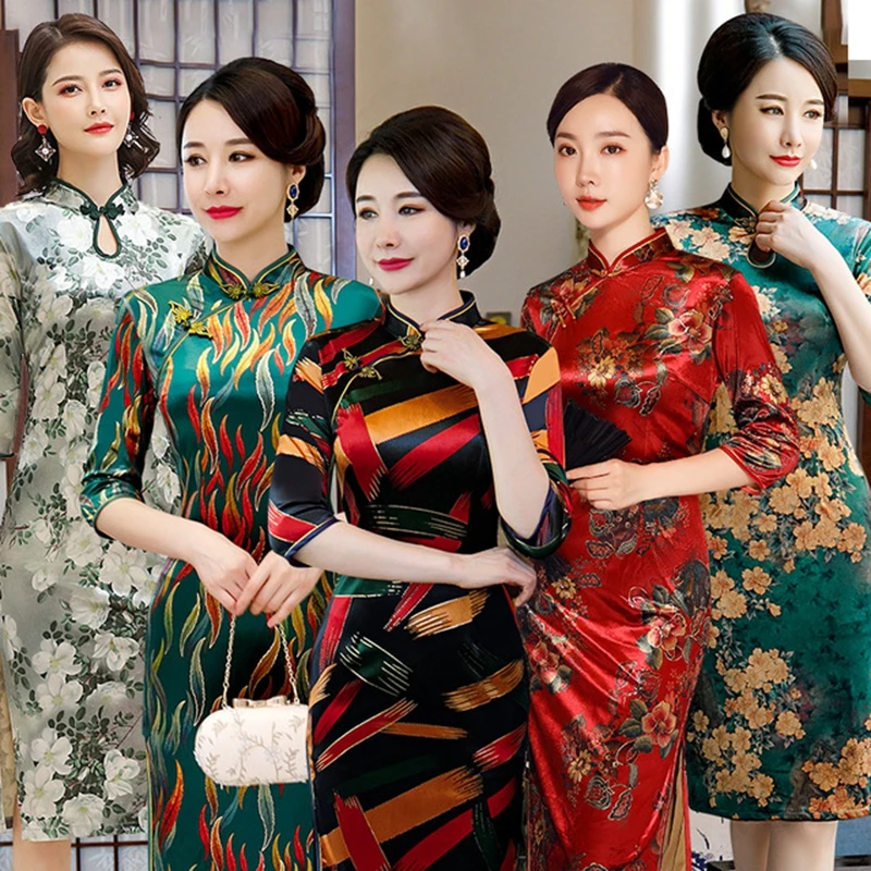 Китайский Улучшенный Принт Большой размер 4XL мать cheongsam один слой длинная секция cheongsam стоячий воротник элегантное платье cheongsam
