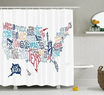 

USA Map Shower Curtain Culture Tourist Names of American Town in Colorful Artful Typography City Design Decor Set with Hooks