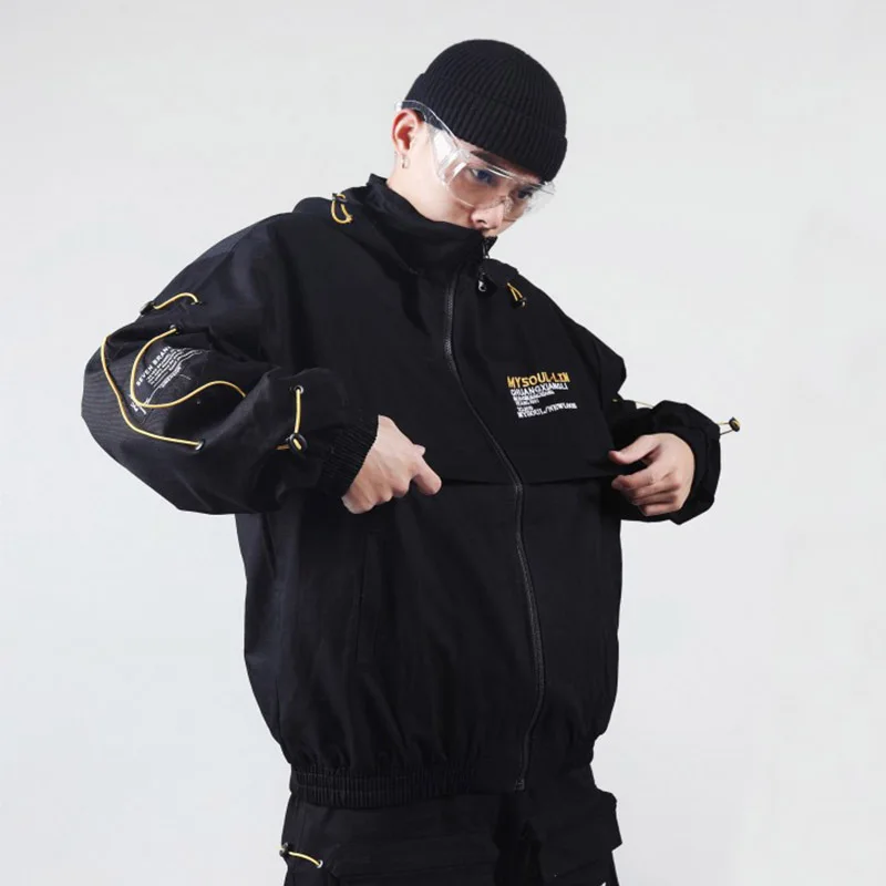 Harajuku буквы Embroid куртка мужская хип хоп Уличная куртка с капюшоном Ветровка Весна Япония воротник Мандарин жакет пальто толстовка с капюшоном