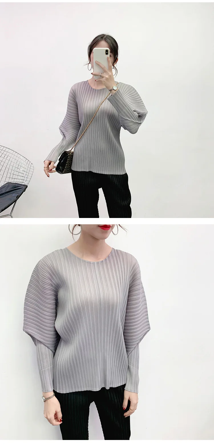 Японский стиль Miyake, классические топы, женская мода, новинка, зима, круглый вырез, рукав-фонарик, одноцветная футболка, плиссированная, высокое качество, рубашка