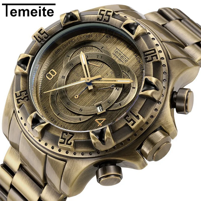

TEMEITE 2019 Brand Men Watch Large Dial Quartz Waterproof Mens Watch Retro Bronze Man Wristwatch Stainless Steel Men's Watches