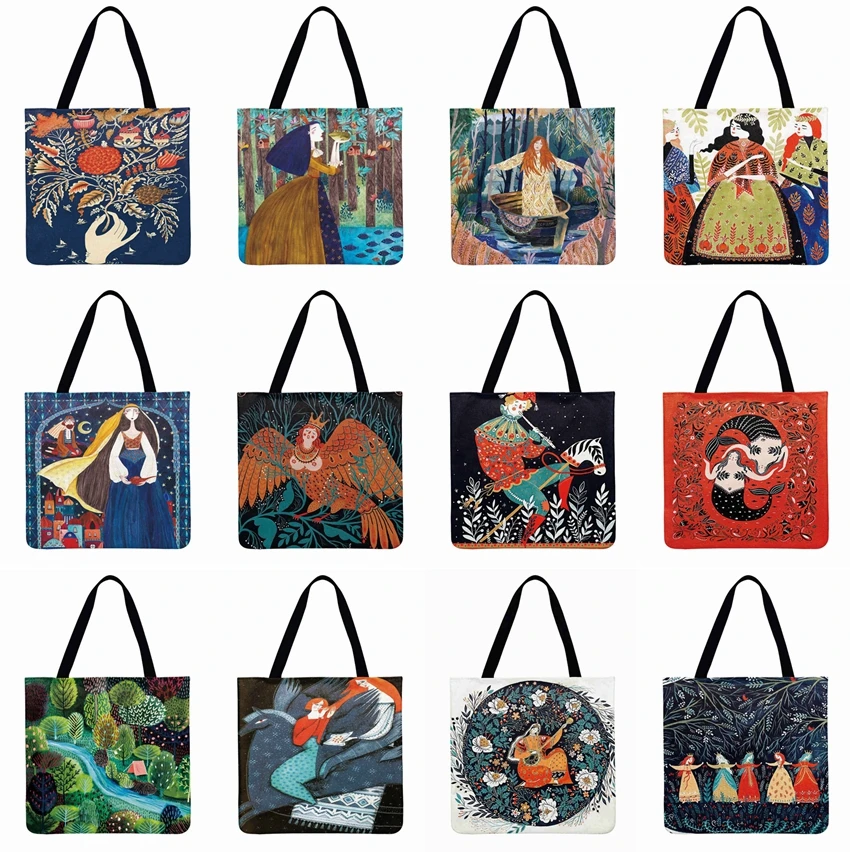 

Ladies Shoulder Bag Forest Girl Print Tote Bag Cartoon Illustrations Casual Totes Foldable Shopping Bag Outdoor Beach Bag