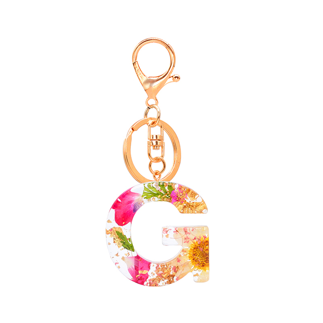 Dried Flower Letter Keychain Creative Colorful 26 English Letter Initial Resin Handbag Keyring Accessories For Women