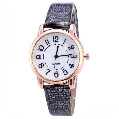 Простые регулируемые Женские часы с круглым циферблатом, арабские цифры, искусственная кожа, аналоговые кварцевые наручные часы для женщин, подарок женски часы - Цвет: Black