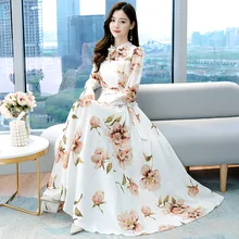 Spring and autumn 2021 new collection waist show high and thin long large print fairy long-sleeved dress retro large size