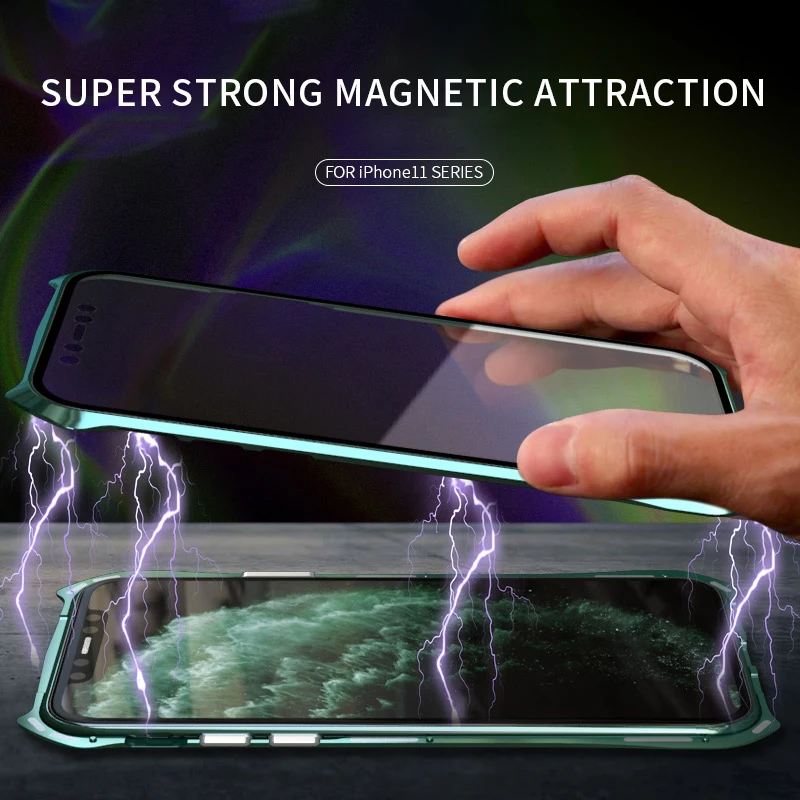 Металлический чехол с магнитной адсорбцией для iPhone 11 11 Pro Max, чехол с откидной крышкой, двусторонний чехол из закаленного стекла для iPhone 11 Pro, чехол для телефона