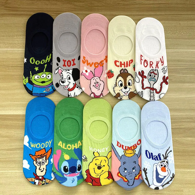 Disney nuevo doble bote calcetines Mickey Dumbo Stitchwini patrón damas cómodo y refrescante de algodón antideslizante calcetines de 35-40