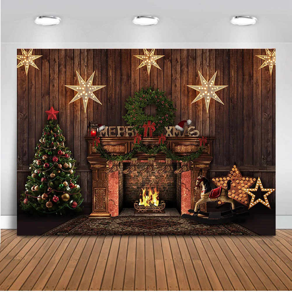 YongFoto 5x3ft Christmas Vinyl Backdrop Fireplace Candles Xmas Tree Lights Glitter Stars Photography Background Party Theme Banner Family Home Decor Poster Portrait Photo Shoot Studio