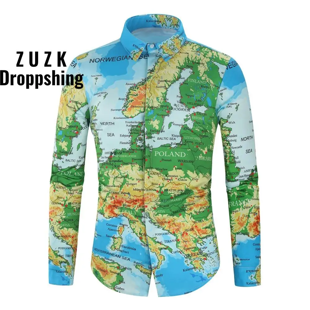 4  Colors New Personality Map Print Shirt Digital Print Men