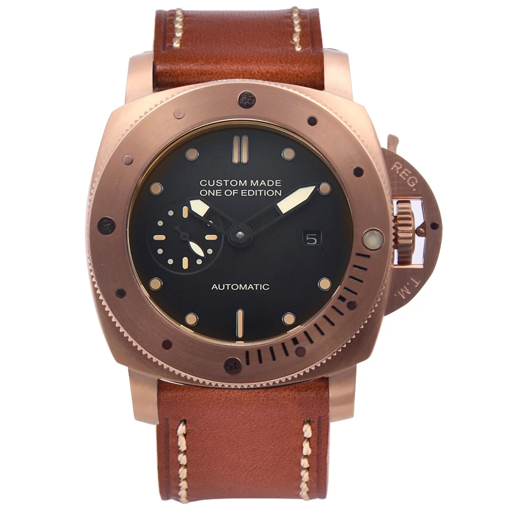 

47mm Automatic Mechanical Men Watch Leather Strap Luxury PVD Case Waterproof Leisure Fashion Luminous Military Watch Men