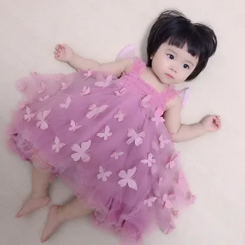

Retail 6474 Sweet 3D Butterfly Embroidery Wings Princess Baby Girl Dress Summer Wedding Party Kids Dress For Girls baby clothes