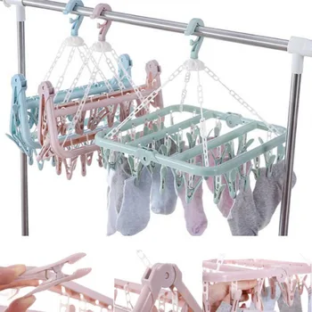 

Folding Clothes Hanger Towels Socks Bras Underwear Drying Rack With 32 Clips Plastic Space Saving Closet Organizer Hanger Rack